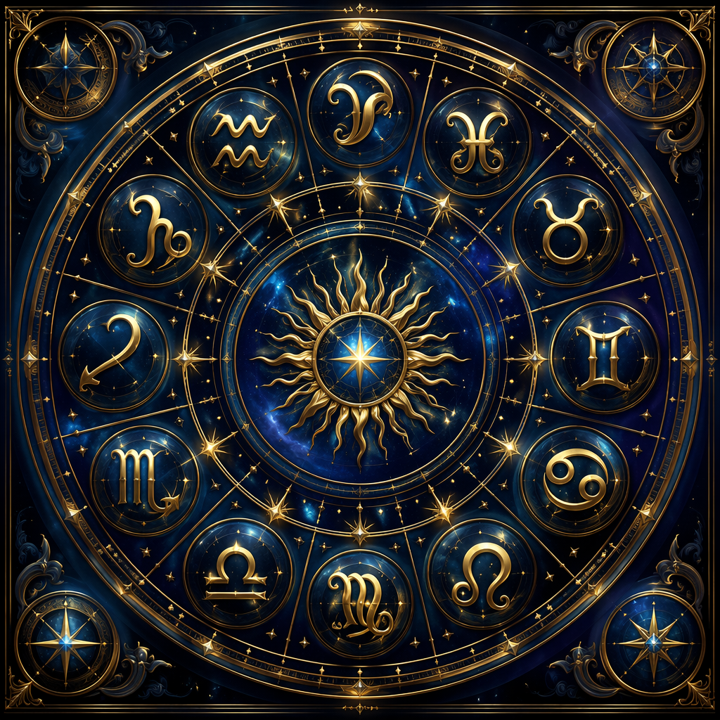 Decorative golden zodiac wheel on a dark celestial background